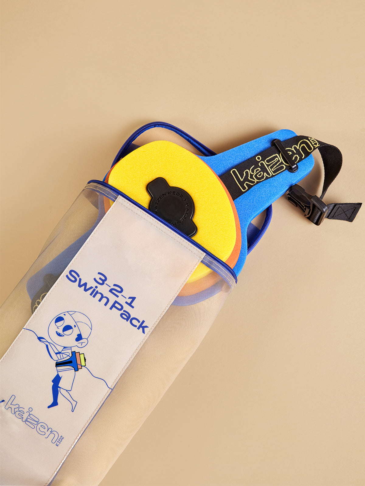 The 3-2-1 Swim Pack partly zipped inside its Kaizen Kidz mesh carry bag, with an illustration of a child wearing the Swim Pack on the front.